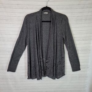 MEADOW RUE GRAY OPEN FRONT CARDIGAN W FLORAL LASER CUT DETAIL, SZ SMALL